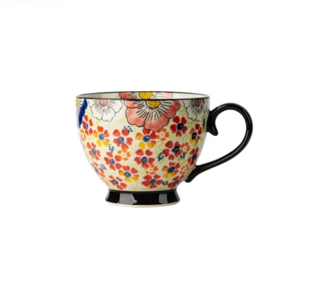 Large Floral Ceramic Mug with Hand-Painted Art for Coffee & Tea