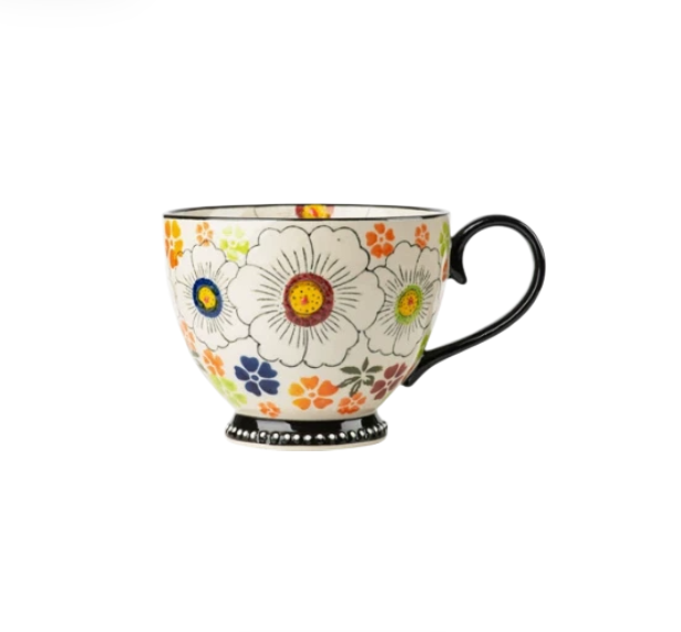 Large Floral Ceramic Mug with Hand-Painted Art for Coffee & Tea