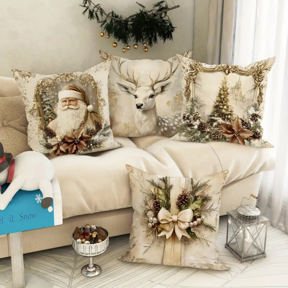 Vintage Holiday Cushion Cover Elegant Tree & Bow Pattern