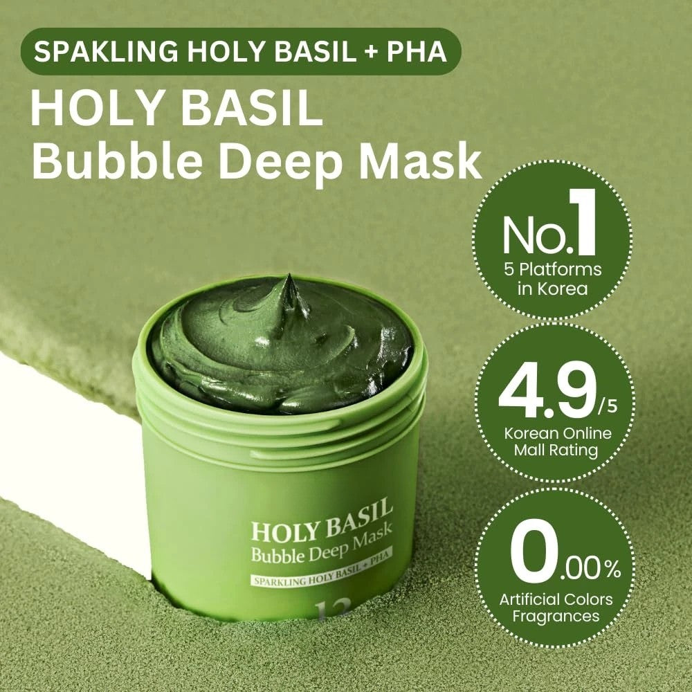 Holy Basil Bubble Deep Mask with Korean Clay & PHA for Pores, Blackheads & Blemishes