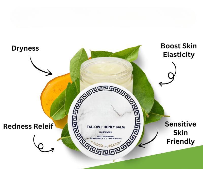 Grass-Fed Tallow Balm with Honey & Vitamins A, D, E, K for Dry and Sensitive Skin
