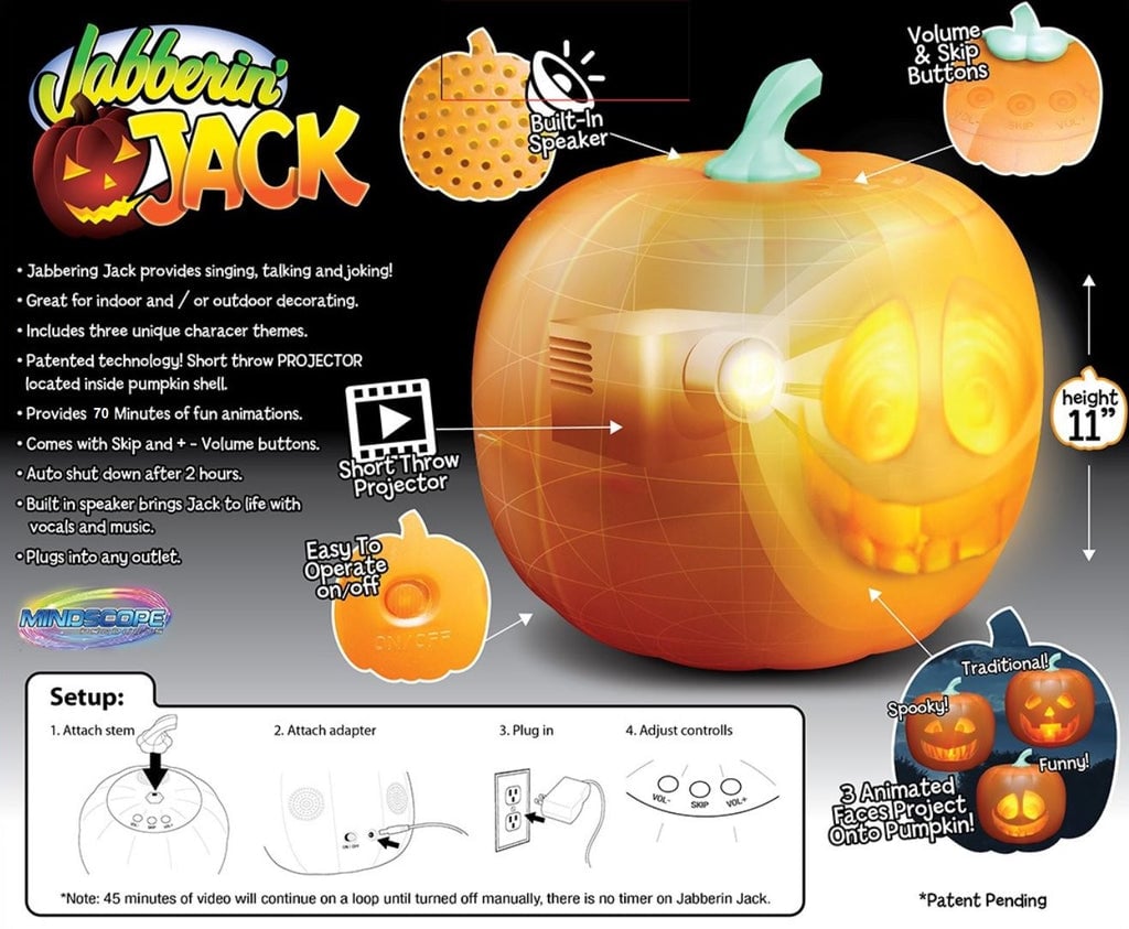 Animated Singing Halloween Pumpkin – Motion Sensor Talking Jack with Projected Face, Speaker, 80-Min Animation, USB or Battery Powered