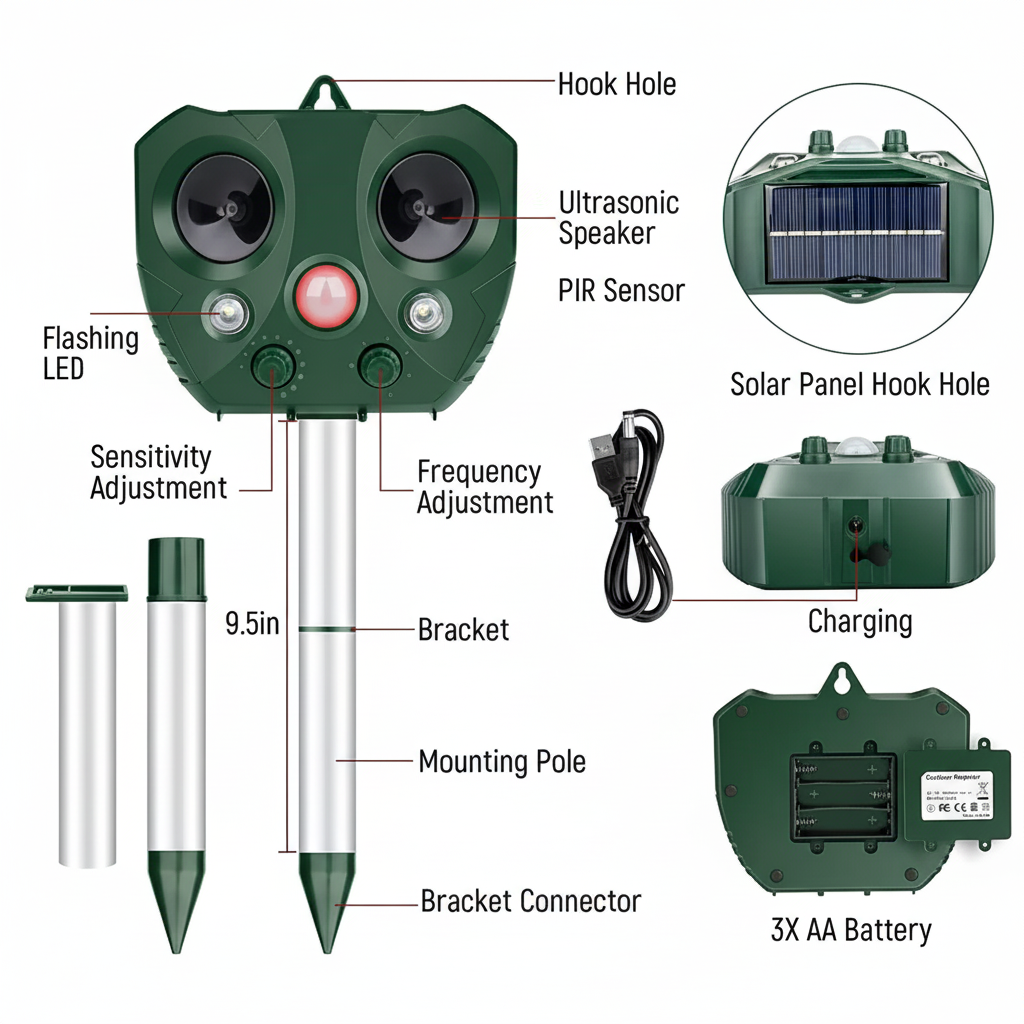 Solar Powered Ultrasonic Bird Repeller for Garden and Yard Protection