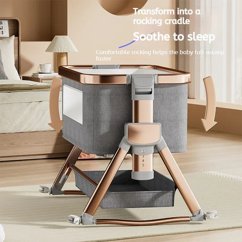 Modern Baby Cradle – Portable Newborn Bed with Wood Grain Design, Adjustable Height & Side-Sleep Function