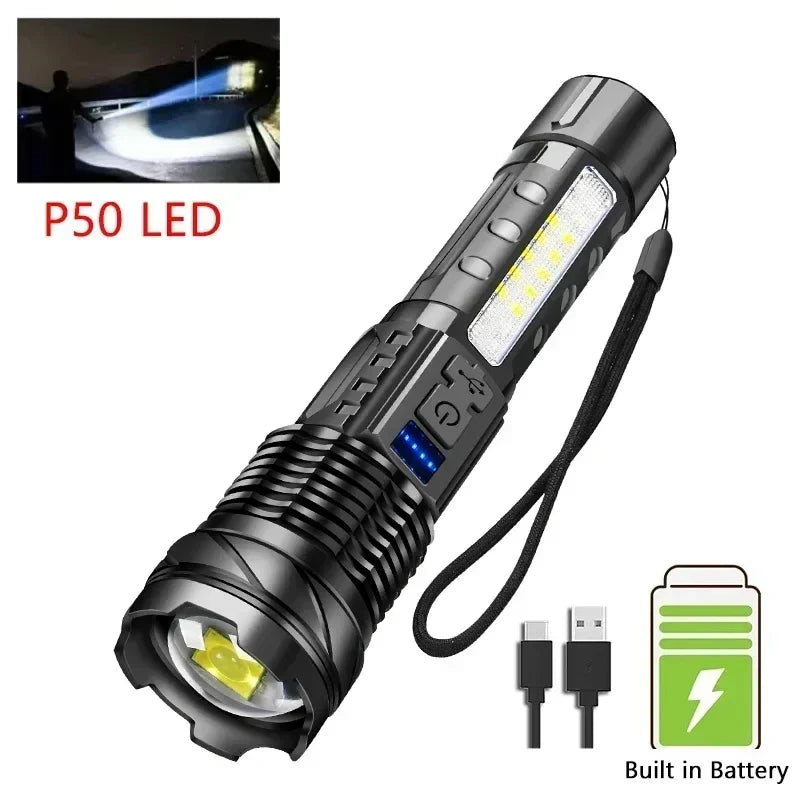 High Strong Power Led Flashlights Tactical Emergency Spotlights Telescopic Zoom Built-in Battery USB Rechargeable Camping Torch