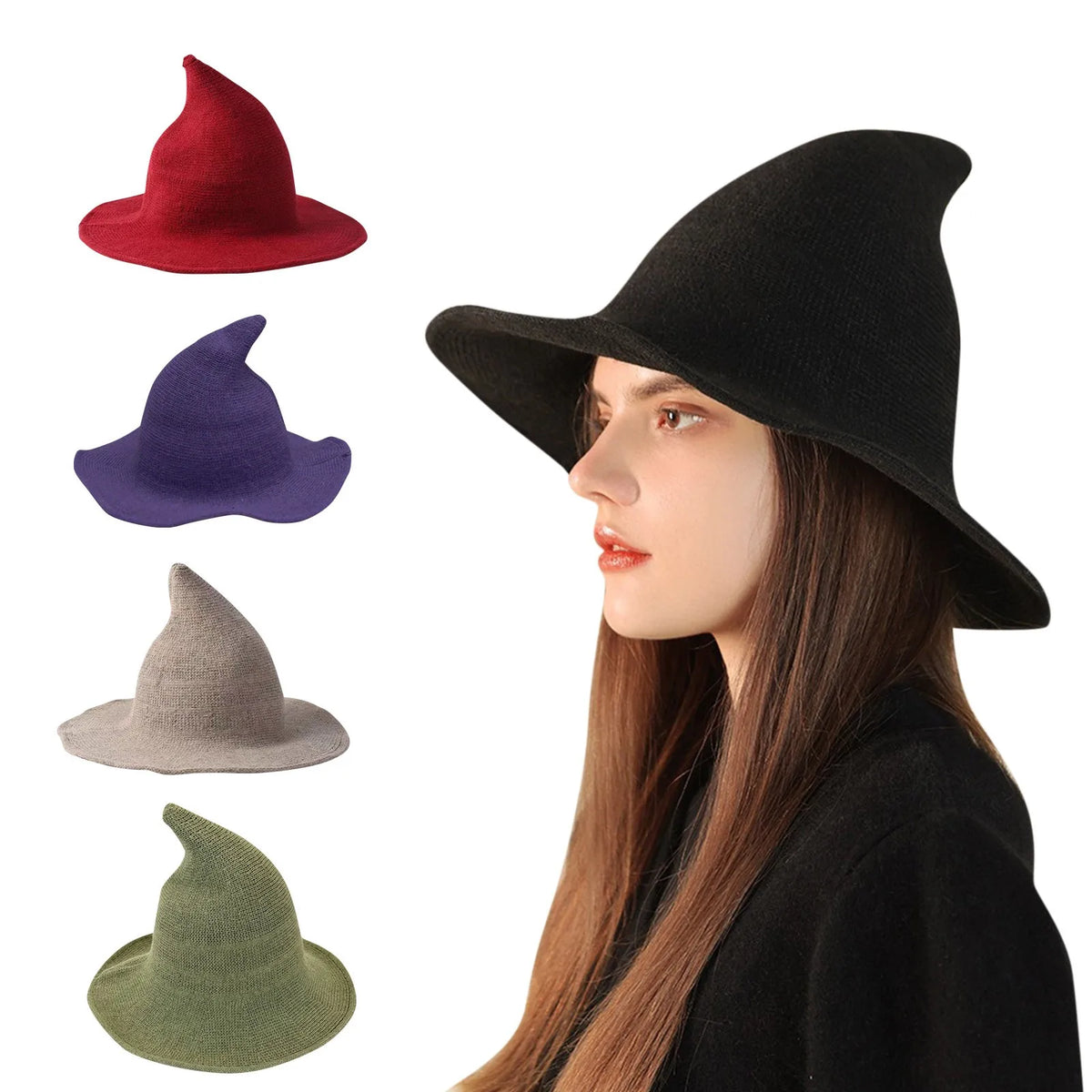 Foldable Women’s Witch Hat – Warm Crochet Pointed Winter Costume Hat for Halloween, Festivals & Cosplay Accessories