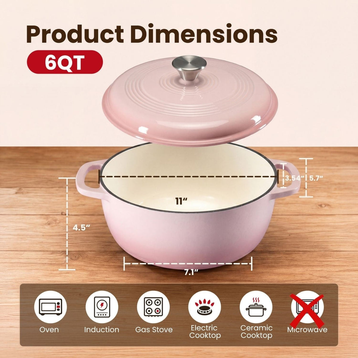 Cast Iron Dutch Oven Pot for Bread Baking and Braising with Dual Handles 6 Quart 5