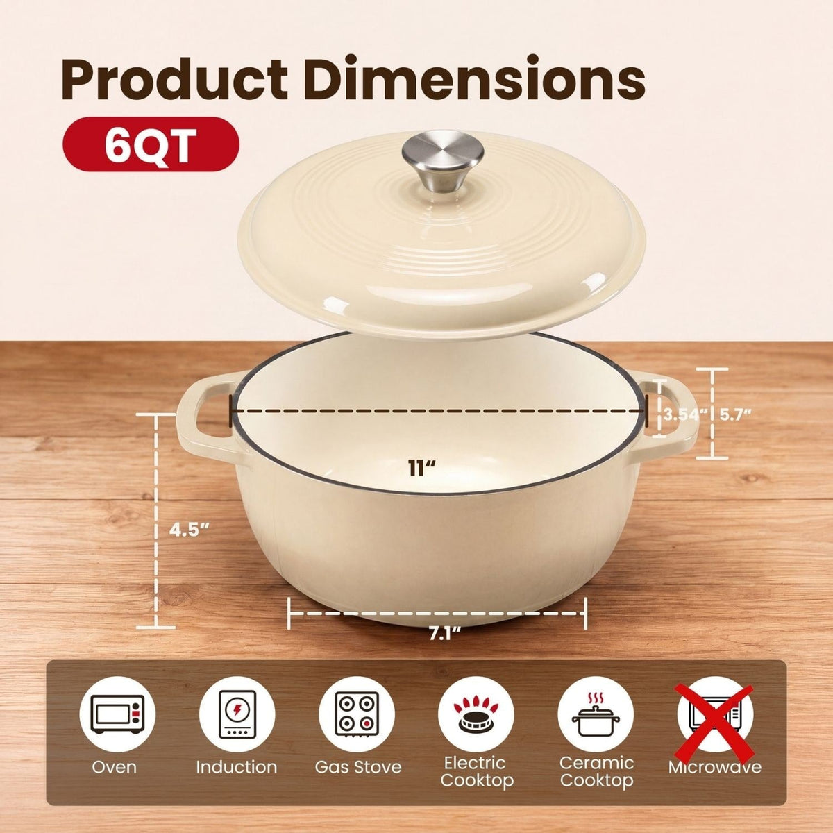 Cast Iron Dutch Oven Pot for Bread Baking and Braising with Dual Handles 6 Quart 5