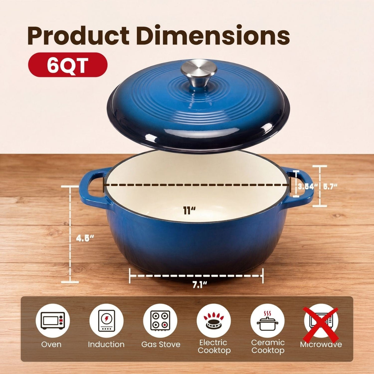 Cast Iron Dutch Oven Pot for Bread Baking and Braising with Dual Handles 6 Quart 5