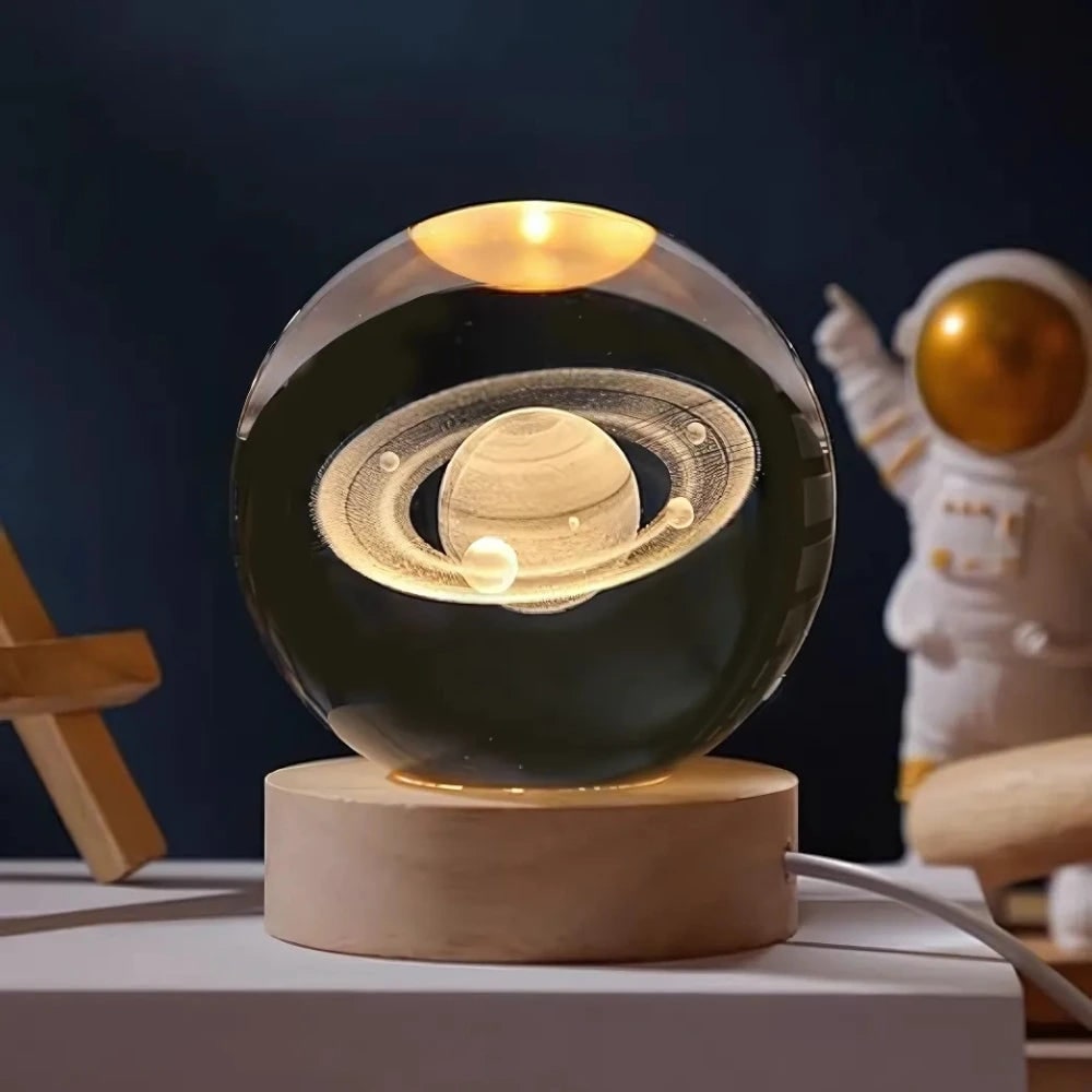 Crystal Lamp Ball Night Light 3D Laser Engraved Glass Wooden Base USB LED Decorative