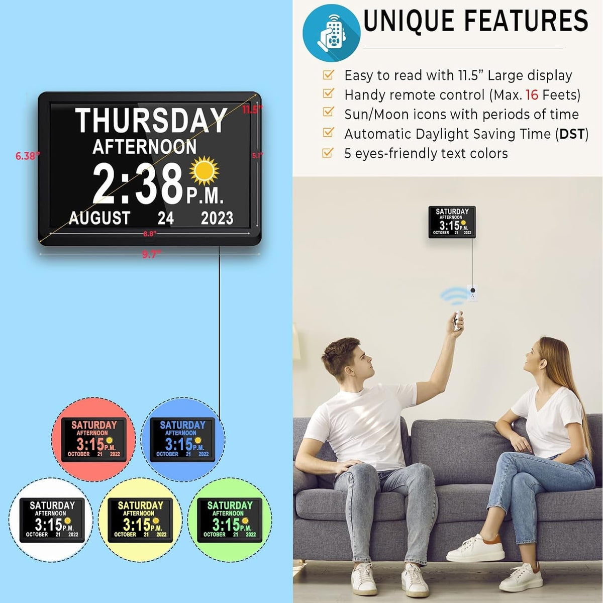 Digital Clock with Seconds and Large 11.5-Inch Display for Seniors with Calendar Day and Date