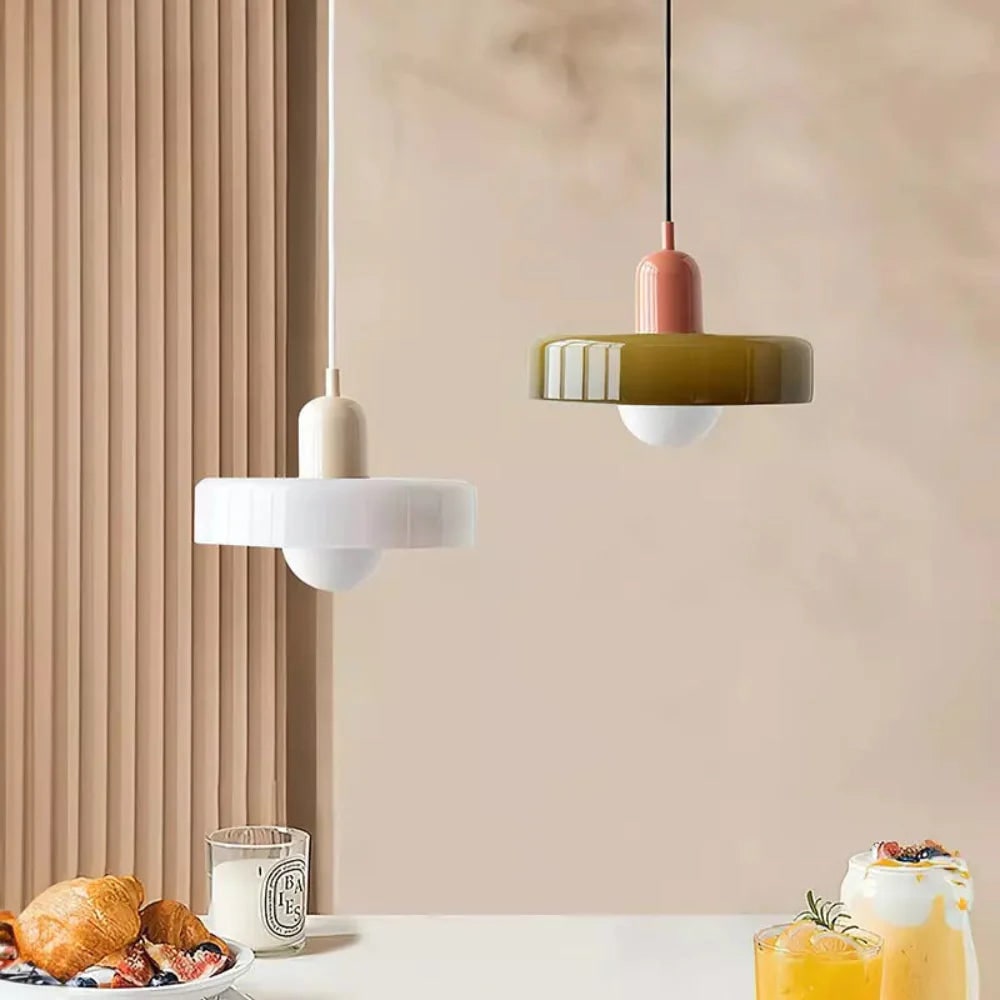 Kitchen Pendant Light Fixture with Adjustable Cord and Glass Disc Shade for Living Room