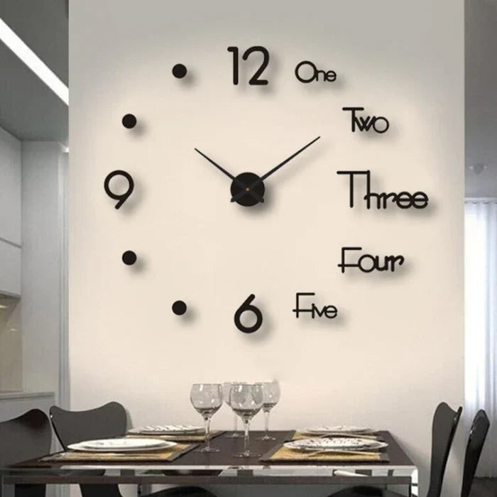Large Long Wall Clock with 3D Adhesive Numbers and Minimalist Metal Hands Vintage