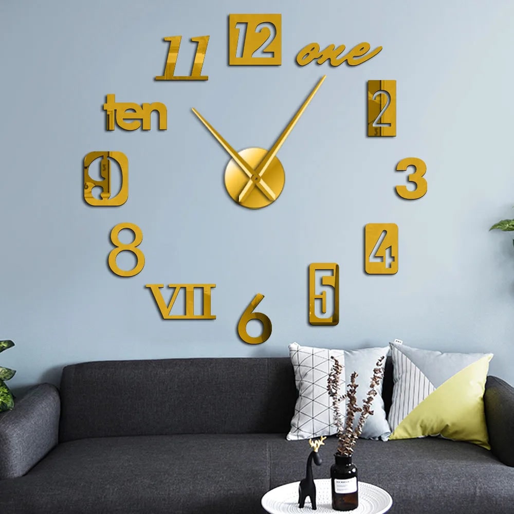Large Long Wall Clock with 3D Adhesive Numbers and Minimalist Metal Hands Vintage