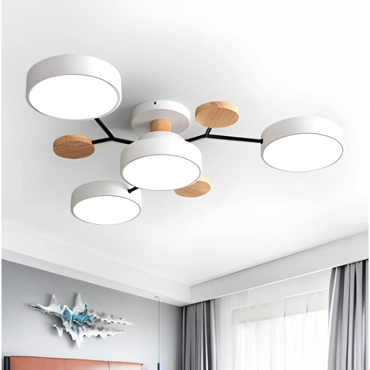 LED Semi Flush Ceiling Light Fixture with Modern Wood Accents for Kitchen Dining Room