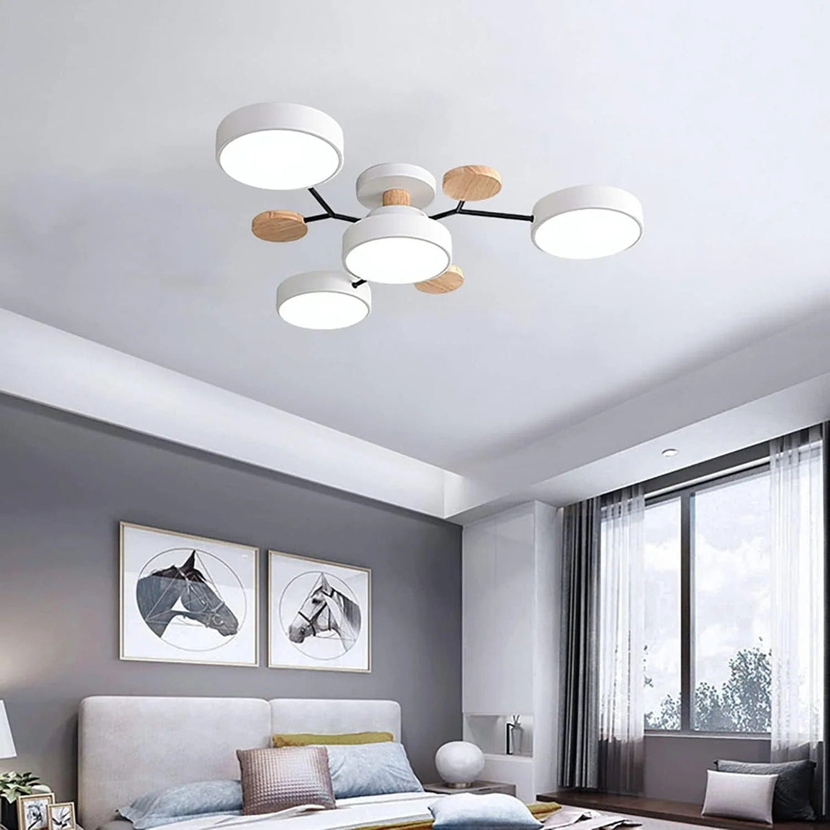 LED Semi Flush Ceiling Light Fixture with Modern Wood Accents for Kitchen Dining Room