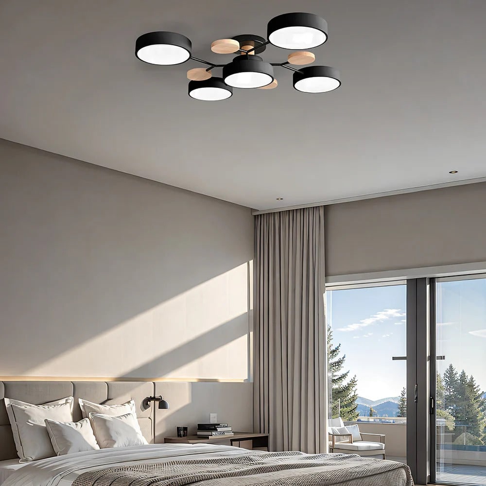 LED Semi Flush Ceiling Light Fixture with Modern Wood Accents for Kitchen Dining Room
