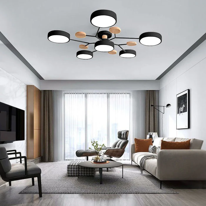 LED Semi Flush Ceiling Light Fixture with Modern Wood Accents for Kitchen Dining Room