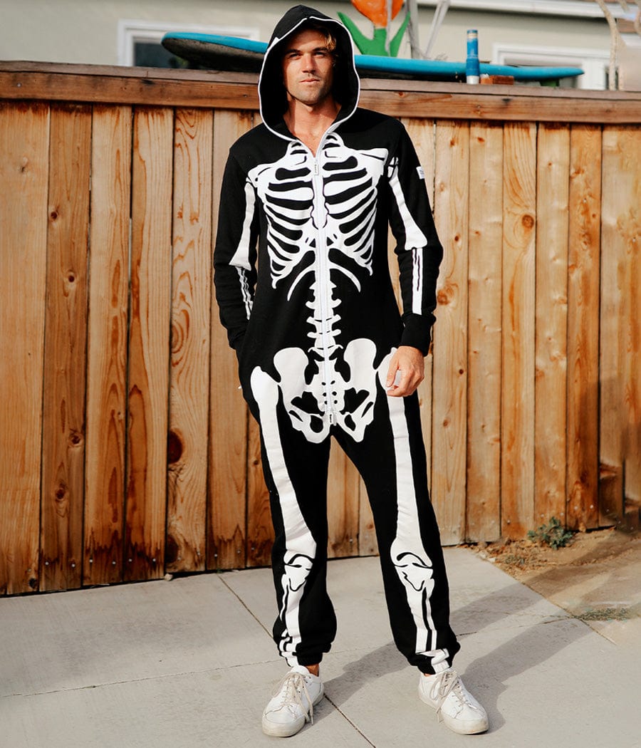Men’s Skeleton Jumpsuit Costume – Full Body Skull & Bones Outfit with Mesh Eyeholes for Halloween Parties & Cosplay