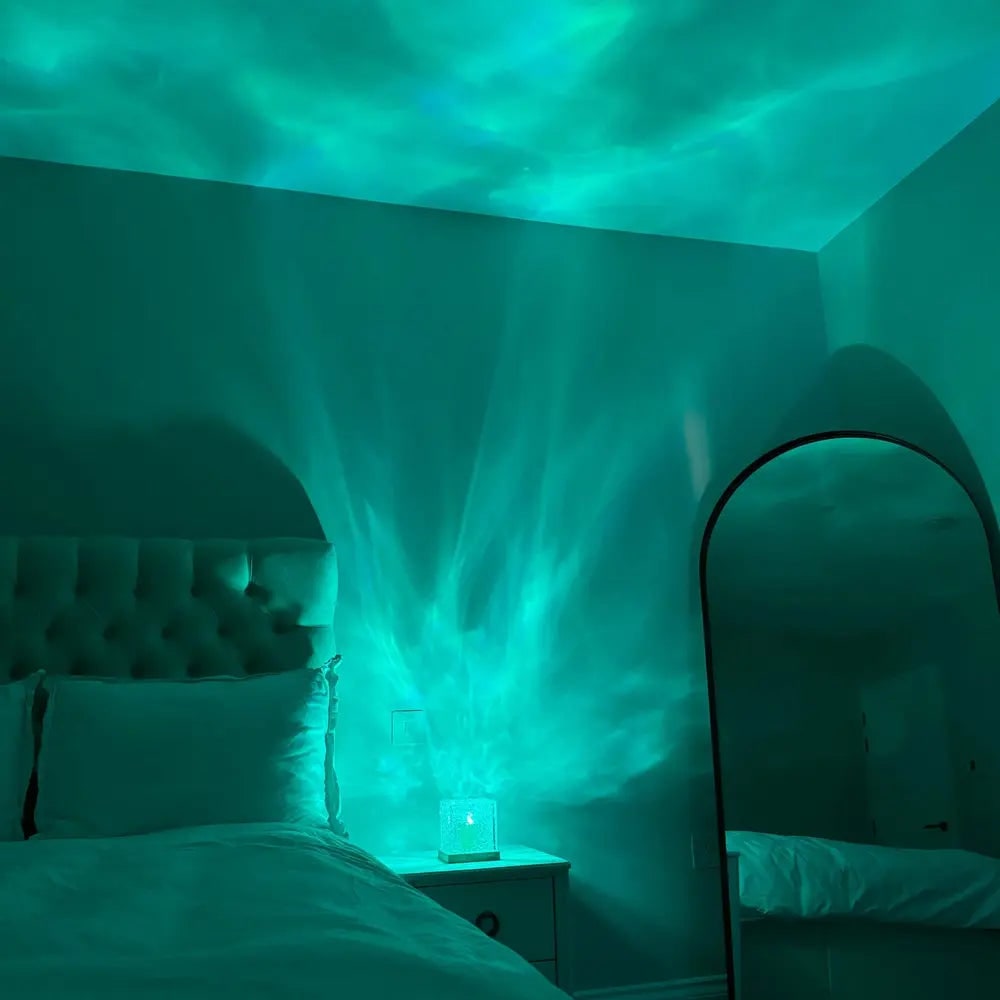 Remote Control Lamp Projector Water Ripple Cube Wood Base LED Aurora