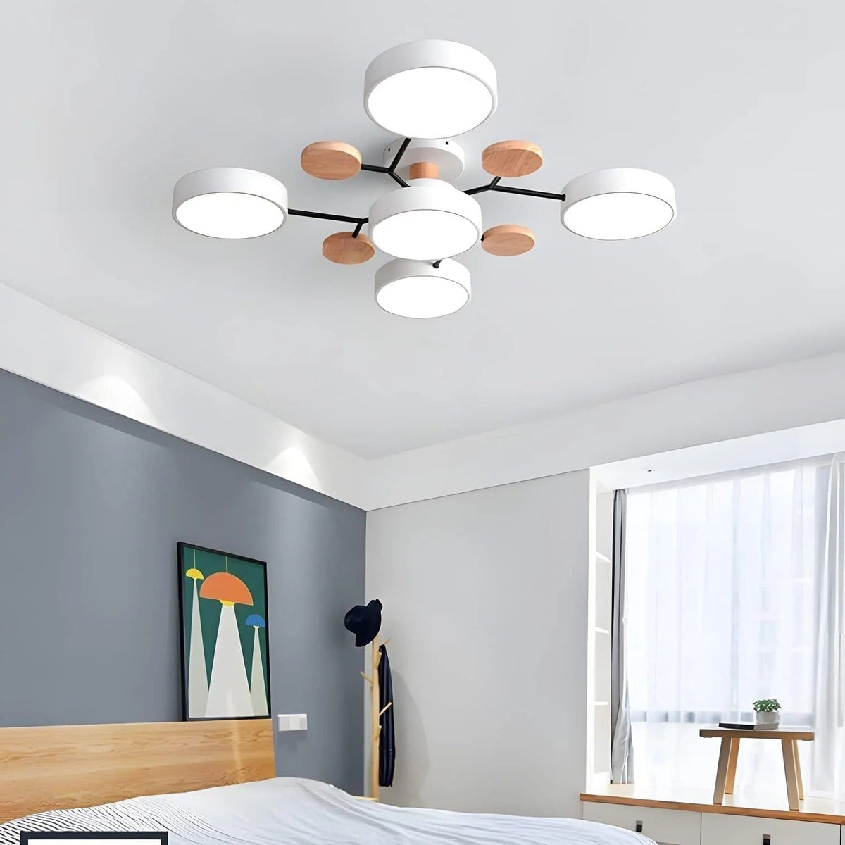 Semi Flush Ceiling Light Fixture with Modern Wood Accents for Bedroom Fan