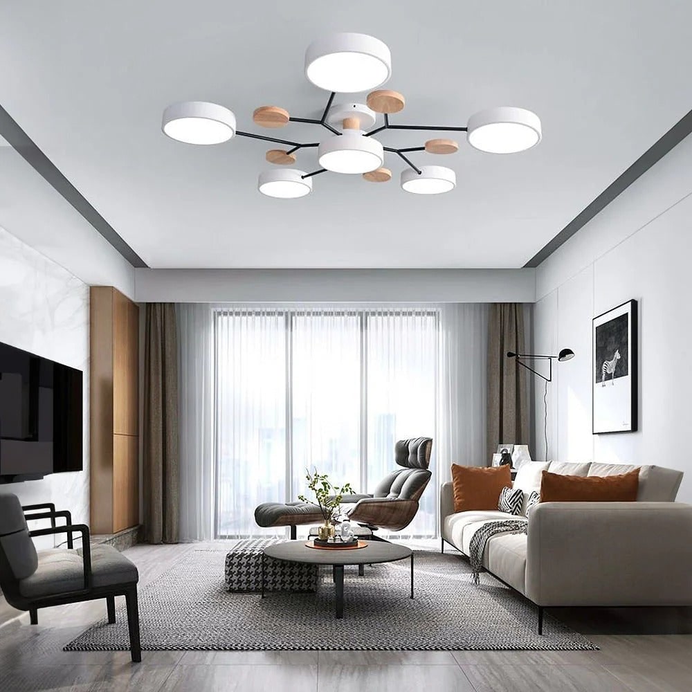 Semi Flush Ceiling Light Fixture with Modern Wood Accents for Bedroom Fan