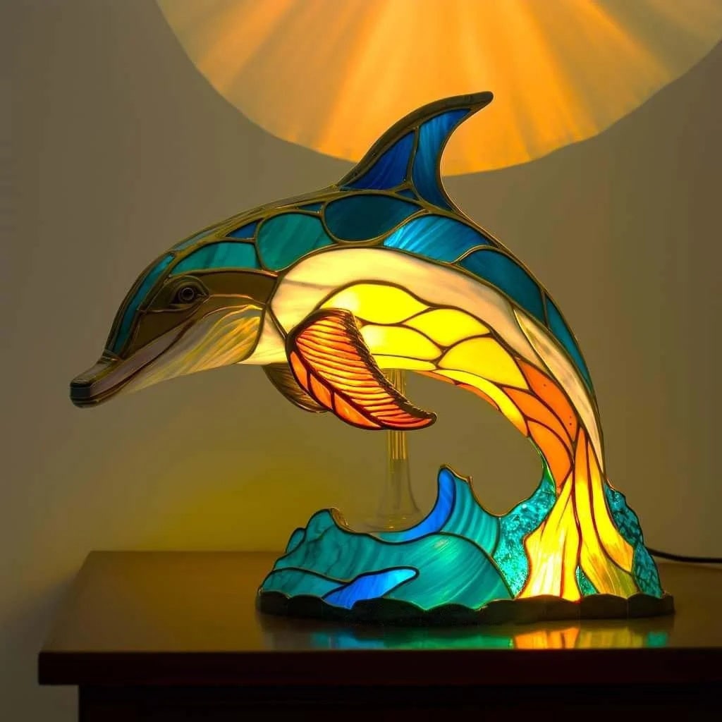 Tiffany Style Stained Glass Animal Table Lamp with Mosaic Panels
