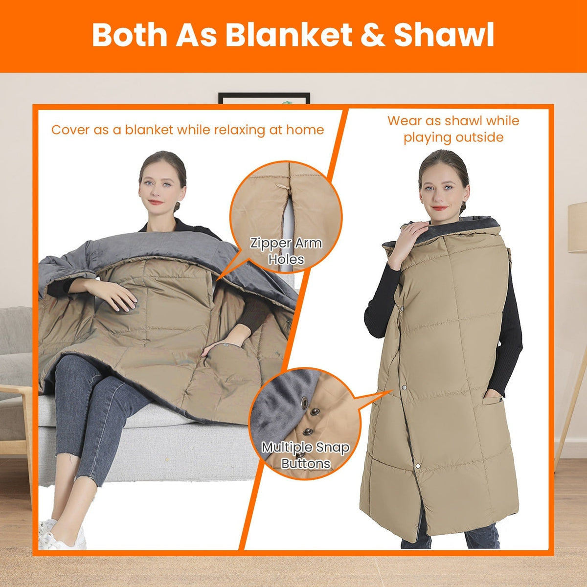 USB Wearable Heated Blanket with Zipper Armholes Dual Controls and 6 Heating Zones